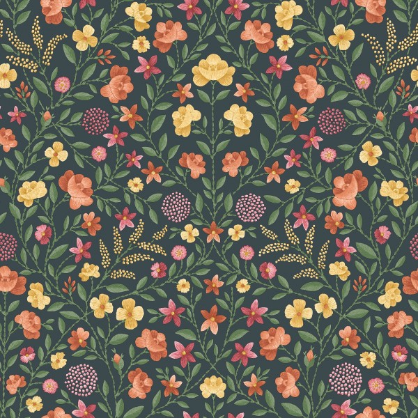 Court Embroidery - Marigold, Tangerine & Red on Charcoal