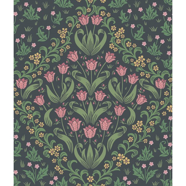 Tudor Garden - Plum & Olive Green on Charcoal