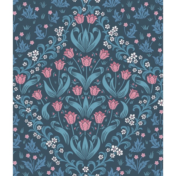 Tudor Garden - Fuchsia & Cerulean Blue on Midnight