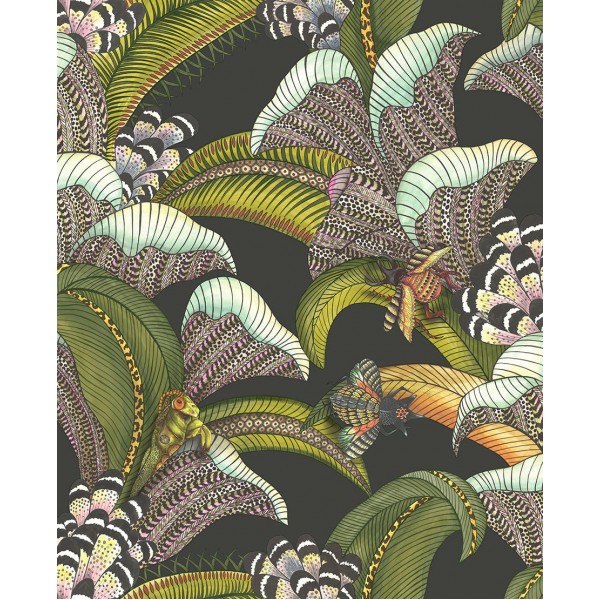 Hoopoe Leaves - Olive Green, Chartreuse & Fuchsia on Black