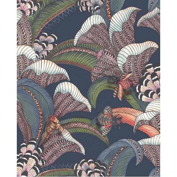 Hoopoe Leaves - Denim, Forest Green & Magenta on Midnight