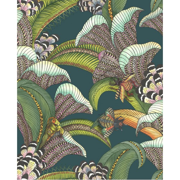 Hoopoe Leaves - Forest Green, Lime & Fuchsia on Dark Viridian